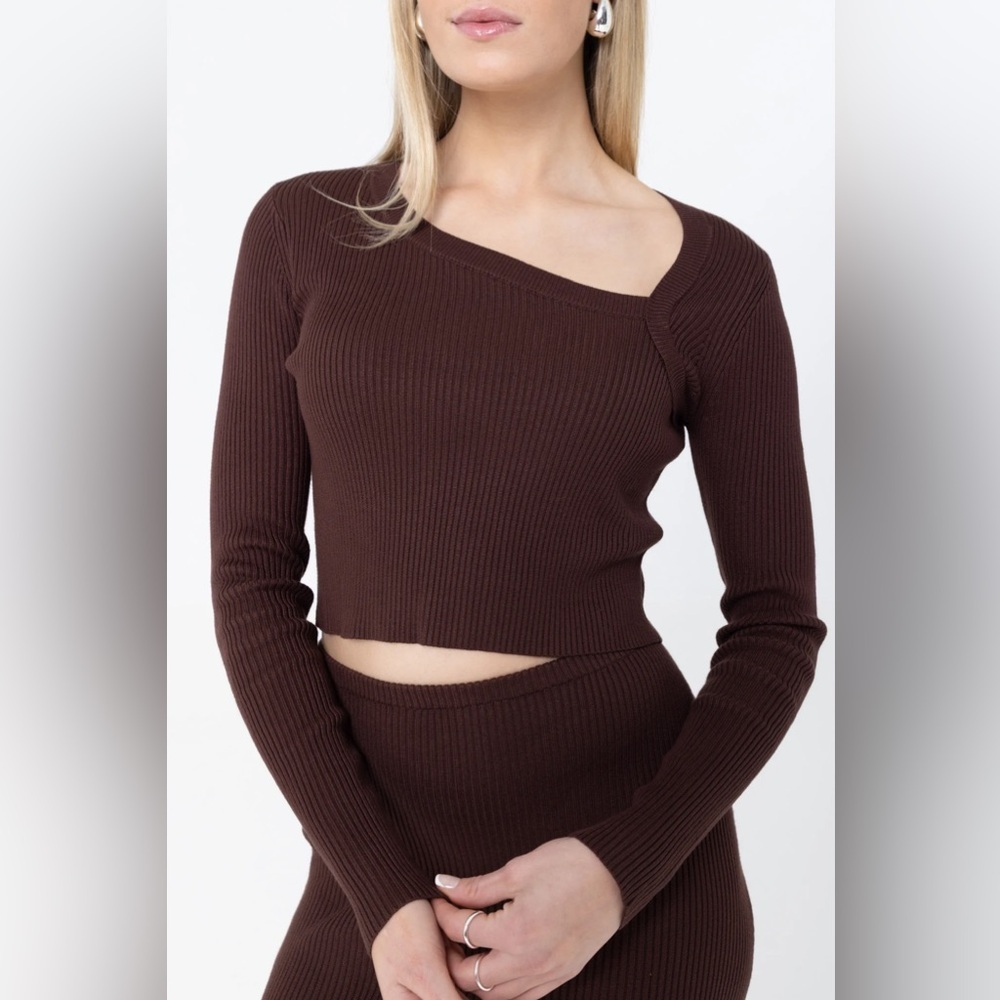 Lo + Jayne Cut Out Luxe Knit Top Espresso Brown Ribbed Long Sleeve Size L